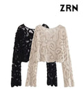 Women Fashion Cropped Semi-sheer Crochet Knit Sweater Sexy O Neck Long Sleeve Female Pullovers Chic Tops-Outfit