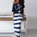 Two Piece Set Dress Hope Boat Anchor Print Off Shoulder T-Shirt Top Striped Skirt Sets Summer Casual 2 Piece Skirt