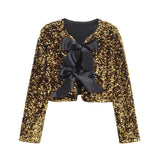 Women's Clothing 2025 Winter New Fashion Round-Necked Squint Bow Trim Short Coat