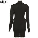 Kliou Knitted Stitching Mini Dress Women Hipster Skinny Three-Dimensional Decoration Bodycon Long Sleeve Turtleneck