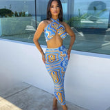 2021 Paisley Print Sleeveless Halter Sexy Top Maxi Dress Sets Backless Bodycon Sexy Party Elegant Club Y2K Robe