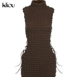 Kliou Stunning Stacked Mini Dress Women Sexy Solid Mock Neck Sleeveless Draw String Bodycon Party Clubwear Elegant Female