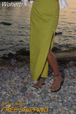 2023 Women Summer Straight Skirts Fashion Solid Linen Side Buttons Split Female Elegant Street Mid-Calf Skirt Clothing-Outfit