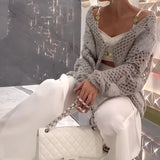 Woherb 2023 New Solid Color Fashion Hollow-Out Sweater Fashion Versatile Long Sleeve Sweater-Outfit