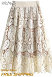Retro Flower Print Hollow Lace Skirts Elegant High Waist Midi A-line Long Skirt QT1473-Outfit