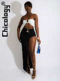 2022 Women 2 Pieces Strapless Sexy Set Skinny Silt Color Contrast Y2K Outfit Outfits Sexy Party Club Vacation Summer-Outfit