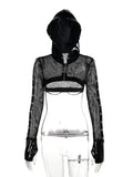 Dark Punk Fishnet Zip Up Cardigans Mall Gothic Faux Pu Hooded Crop Jackets Women Sexy Streetwear Club Smock Tops CF23407AH-Outfit