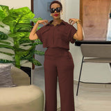 Women's 2025 Summer New Casual Clip Short Sleeve Shirt Broad Leg Pants Fashion