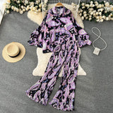 Style Two-Piece Suit Women's Autumn French Retro Print Loose Long-Sleeved Skirt High-Waist Straight Casual Trousers-Outfit