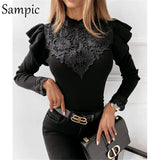 2020 Fashion White Lace Patcheok Ruffles Long Sleeve Skinny Knitted T Shirt Women Casual Sexy Black Autumn Basic