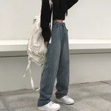 Women Mopping Jeans Straight Solid Adjustable Waist Loose Korean Style Trendy Females Trousers All-match Teenagers 2021 Newest-Outfit