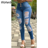 Women High Waist Buttoned Ripped Jeans 2021 Femme Plain Zipper Deco Cut Out Skinny Denim Pants Lady Sexy Trousers traf-Outfit