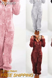 Women Overall Homewear Warm Fleece Hooded High Waist Autumn Winter Solid Color Jumpsuit Pants Jumpsuits Pajama-Outfit