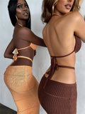 Women Knitted 2 Pieces Summer Clothing Set Sexy Tie-up Halter Crop Tops and Cross Wrapped Long Skirts Beach Clubwear-Outfit