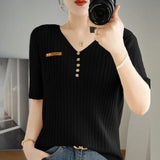 Woherb 2024 New Short Knit Women's Fashion Slim Short-Sleeve T-Shirt Thin Medium Sleeve Top-Outfit