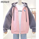 Winter Velveteen Lined Hooded Sweatshirt Women Zip Up Loose Patchwork Jackets Casual Loose Coats Hoodies Sudaderas Outwear-Outfit