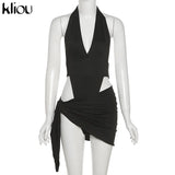 Kliou Solid Deep V sexy Two Piece Sets Midnight Club Halter Top And Skirt Backless Summer Partywear Hollow Out Ruched Women