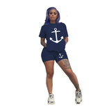 Waist 2 Piece Set Tracksuit Women Boat Anchor Print Two Piece Set Women's Top And Short Femme Clothes Lounge Shorts