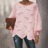 Loose Sweater Cloak Casual Oversized Soft Lantern Sleeve Hollow Out Pullovers Knit O Neck Wave Hem Solid Female