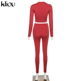 Kliou fashion tracksuit women turtleneck full sleeveless crop top+leggings matching set stretchy sporty fitness casual