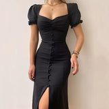 Elegant Square Collar With Button Summer Midi Dresses For Women 2023 Vintage Short Sleeve Slim Sexy Party Dress Vestidos-Outfit