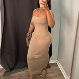 2021 Sleeveless Slash Neck Strapless Solid Bodycon Maxi Dress Summer Sexy Women Streetwear Y2K Party