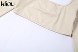 Kliou Biker Style Shorts Two Piece Set Women Autumn Harajuku Simple Square Collar Top+Solid Streak Decoration Sheath