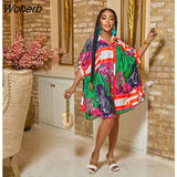 Casual Loose Printed Shirt Dress Women Fashion Print Bat Sleeve Button Shirt Mini Dress Women-Outfit