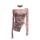 Tie-Dye-Print Single-Layer Mesh Yarn Lint Sun Hoodie Irregular Long-Sleeved T-Shirt Repair On The Body