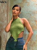 Kliou Halter Knitted Vest Women Sexy Solid Irregular Shape Lace Up Backless Unique Cut Out Fashion Tank Streetwear Female