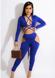 Sexy Bandage Hollow Out Long Sleeve Crop Top And Cut Out Pant Two Piece