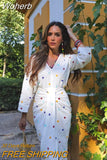 Women Sweet Fashion Printed Split Midi Dress Elegant V Necked Long Sleeve Pleated Vestido 2023 Autumn Lady Chic High Streetwear-Outfit