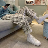 Women Casual Pants Plaid Loose Aesthetic Wide Leg Trousers Female Ins Fashion All-match Korean Style Elastic Waist Streetwear-Outfit