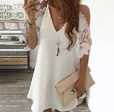 Off Shoulder Dress Summer Sexy V Neck Floral Print Midi Dresses Robe Vintage Hollow Out Lace A-Line Party Dress