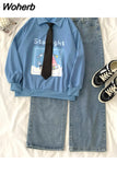 2 Piece Set womens outfits cotton Sportswear Casual loose full Sleeve hoodies and denim wide leg pants Two Piece Sets INS 430-1-Outfit