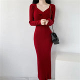 V-Collar Long-Sleeved Knitted Dress Skirt Autumn And Winter 2024 New Sweater Skirt-Outfit