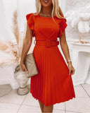 Summer Women's New Round Collar Waist Pleated Flounce Dress With A Belt-Outfit