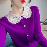 Winter Lace Patchwork Doll Collar Sweet Knitting Cardigan Lady Elegant Fashion All-match Buttons Sweater Top Women Coat-Outfit