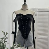 Sexy Tset Blouse Irregular Cowboy Splicing Mesh Yarn Tie With Short T-Shirt