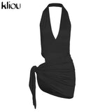 Kliou Solid Deep V sexy Two Piece Sets Midnight Club Halter Top And Skirt Backless Summer Partywear Hollow Out Ruched Women
