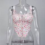 hirigin Floral Cami Top Women Sweet Print Hollow Up Tie Up Sexy Crop Top Summer Sleeveless Ruched Boning Bustier Casual Tank
