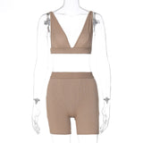 2021 Sleeve V-Neck Sexy Crop Tank Top Biker Shorts 2 Piece Set Autumn Winter Women Fashion Streetwear