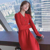 Autumn winter new in Chic Red knit dress women long sleeves O-Neck Button elegant Party dresses-Outfit