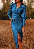 Elegant V Neck Puffed Long Sleeve Slit Midi