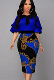 Printed Vintage Bow Short Sleeves Cascading Ruffle Pencil Midi