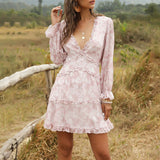 hirigin Summer Elegant Ruffles Print Mini Dress Women Sexy Halter V-neck long-sleeved waist Puff sleeve Dresses women