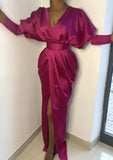Rose V-Neck Sexy Front Slit Mature Evening