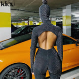 Kliou Shiny Outstanding Bodycon Hooded Jumpsuit Women Long Sleeve Sexy Backless Fashion Streetwear Skinny Slim Female