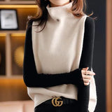 Woherb Sweater Vest Women Autumn Winter New Turtleneck Solid Color Sleeveless Top Loose 100%Pure Wool Knitted Waistcoat Female 1127-1-Outfit