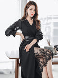 2 Pieces Outfits Elegant Women Lady Temperament Notched Neck Belt Midi Dress Robe Vestidos Sexy Sheer Lace Party Slim Set-Outfit